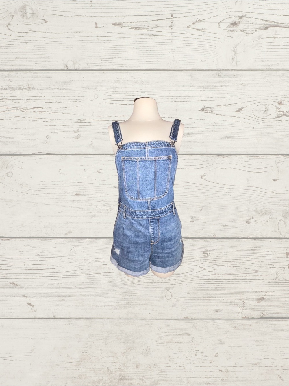 Old Navy Distressed Denim Shortalls Overalls Shorts Medium Wash Sz M EUC Cuffed